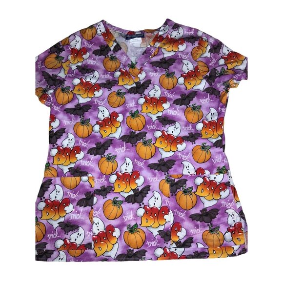 Halloween Scrub Top By Comfy Cotton Scrubs S 100% Cotton Ghost Pumpkin Print - Picture 2 of 5